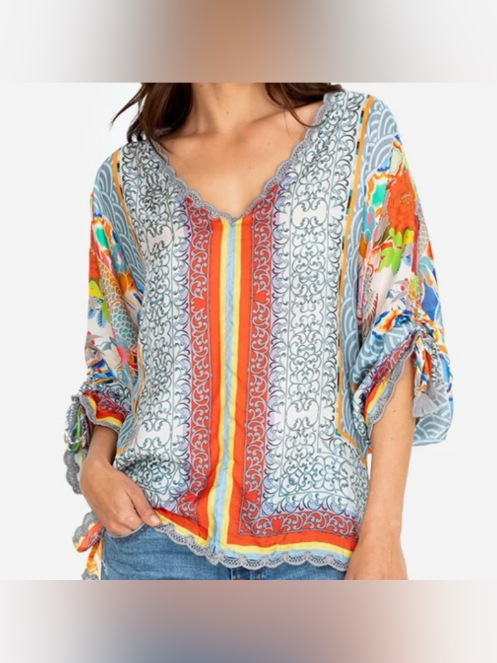 JOHNNY WAS Dragon Top Floral Tunic 100% Silk Colorful Bohemian Blouse Size Small